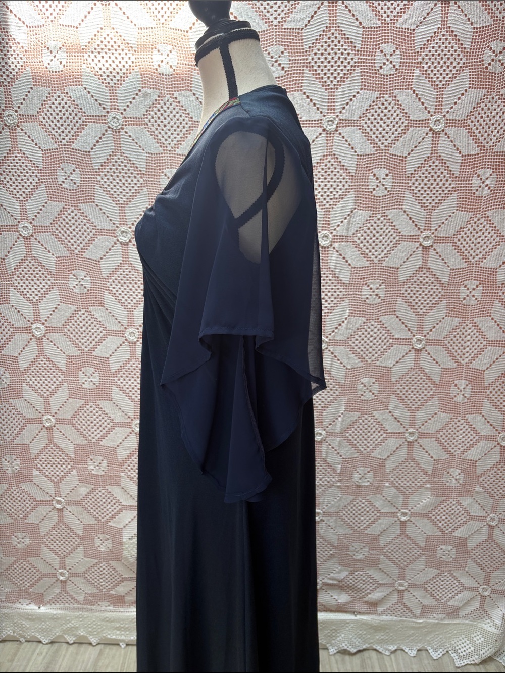 Vintage Navy Embroidered Caftan Maxi Dress Boho Goddess Flutter Sleeve Gown Sz L - Picture 3 of 8